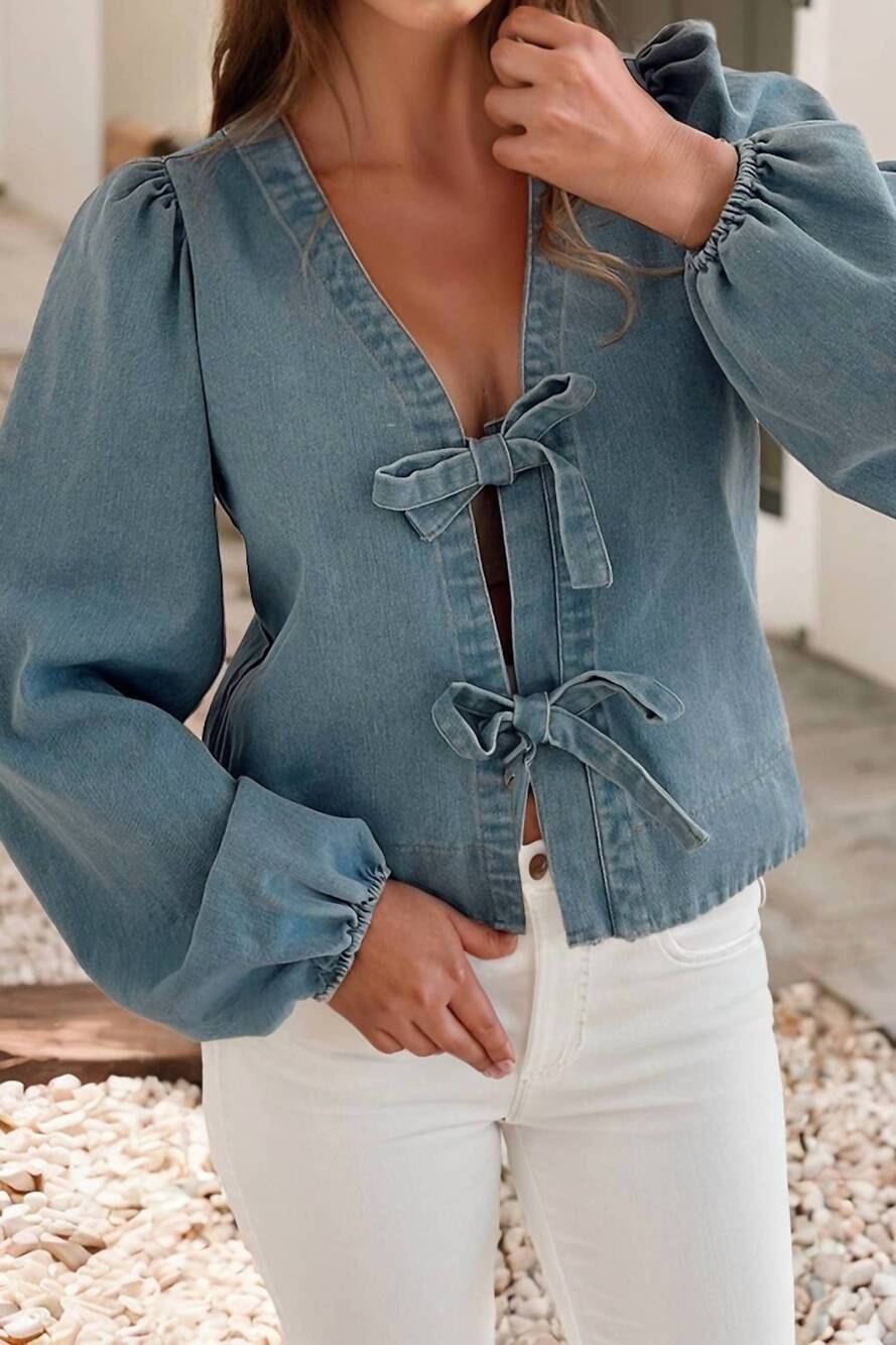 NEW LITTLE DAISY CLOSET tie front long puff sleeve denim top in dusk blue